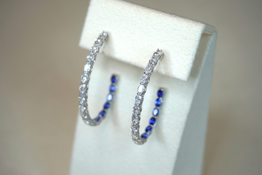 Diamond and Blue Sapphire Oval Hoop Earrings