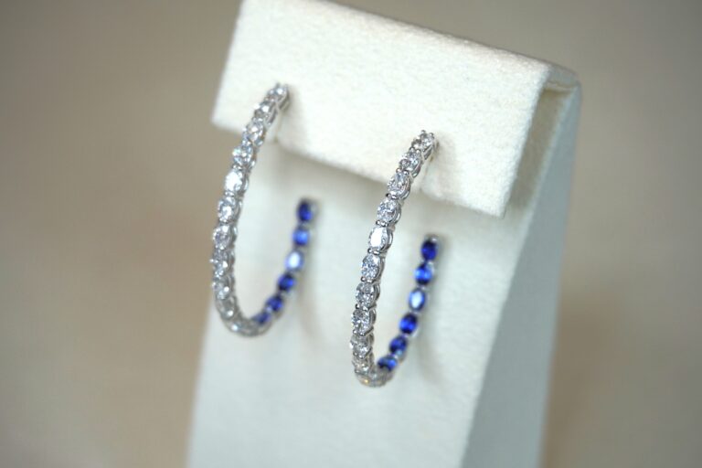 Diamond and Blue Sapphire Oval Hoop Earrings